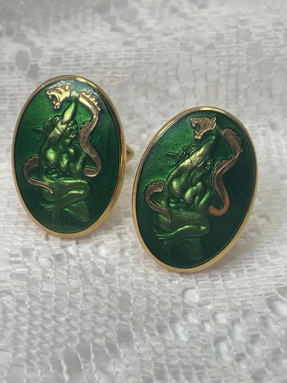 Vintage Pair of Gold Tone/Green Enamel Mermaid & Dragon Men's Cufflinks RARE